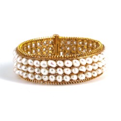 14K Gold Bangle Bracelet, Three Rows Pearl Design - 1