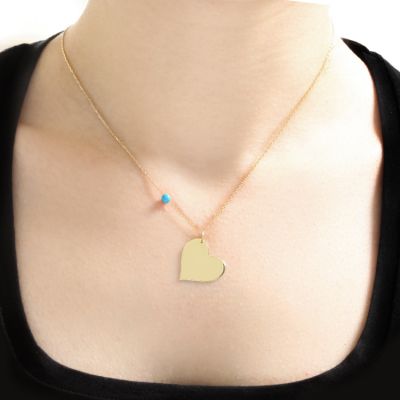 14K Gold Heart & Name & Turquoise Necklace - 1