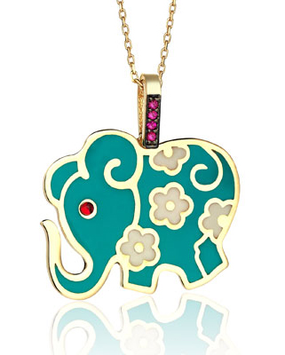 14K Gold Necklace, Turquoise Enameled and Flowered Elephant Design - 1