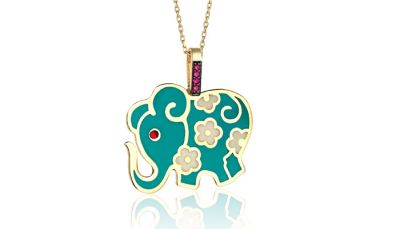 14K Gold Necklace, Turquoise Enameled and Flowered Elephant Design - 2