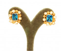 22K Gold Aquamarin Stoned Square Stud Earrings - 3