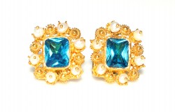 22K Gold Aquamarin Stoned Square Stud Earrings - 2