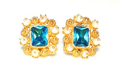 22K Gold Aquamarin Stoned Square Stud Earrings - 2