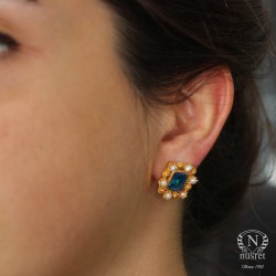 22K Gold Aquamarin Stoned Square Stud Earrings - 1