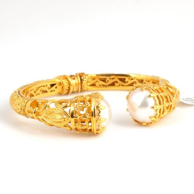 22K Gold Bangle Bracelet, Constantinople Style with Pearls - 5