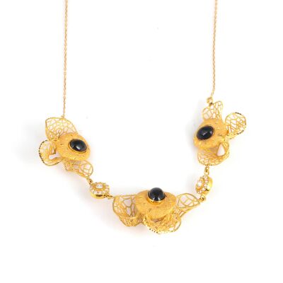 22K Gold Black Onyx Stone Filigree Necklace - 3