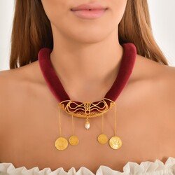 22K Gold Coin & Filigree Design Velvet Chain Necklace - Nusrettaki