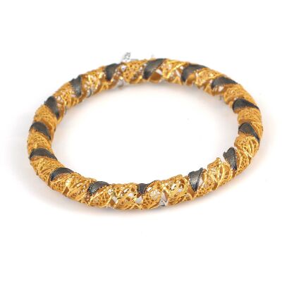 22K Gold Fusion Filigree Bangle Bracelet with Black Rhodium Plated Links - 2