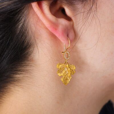 22K Gold Handcrafted Grape Leaf Dangle Earrings - 1