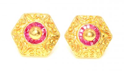 22K Gold Hexagon Model Antique Earrings with Ruby - 3