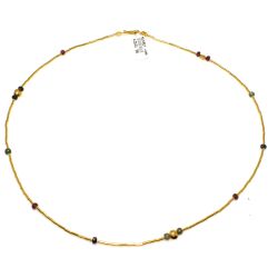 24K Gold Beads Strand Necklace with Rubbies & Emeralds - Nusrettaki