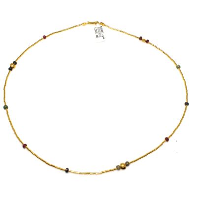 24K Gold Beads Strand Necklace with Rubbies & Emeralds - 1