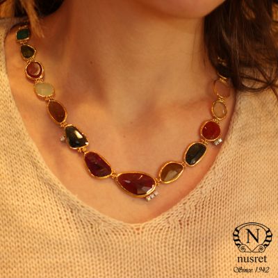 24K Gold Colorful Gemstones Strand Necklace - 3