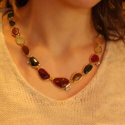 24K Gold Colorful Gemstones Strand Necklace - Nusrettaki