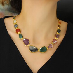 24K Gold Frame Handcrafted Colorful Gemstoned Necklace - Nusrettaki