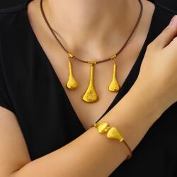 24K Gold Layers with Leather Chain Necklace - Nusrettaki