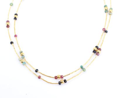 24K Gold Ruby, Emerald, Sapphire Tube Necklace - 2