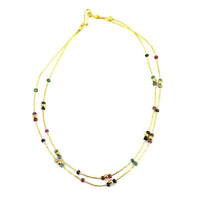 24K Gold Ruby, Emerald, Sapphire Tube Necklace - 1