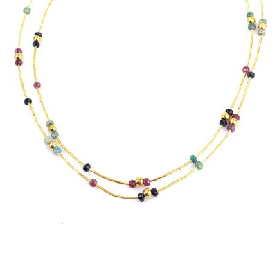 24K Gold Ruby, Emerald, Sapphire Tube Necklace - 7