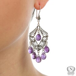 925 Sterling Silver Filigree Chandelier Earring with Amethyst - Nusrettaki