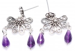 925 Silver Amethyst Stoned Half Flower Dangle, Screw Filigree Earrings - Nusrettaki (1)