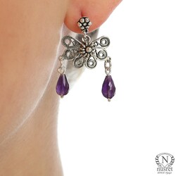 925 Silver Amethyst Stoned Half Flower Dangle, Screw Filigree Earrings - Nusrettaki