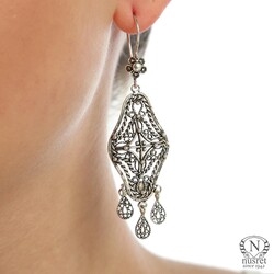 925 Silver Lace Patterned Scaled Dangle Filigree Earrings - Nusrettaki