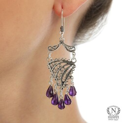 925 Sterling Silver Dangle Filigree Earrings, Triangle Design with Amethyst - Nusrettaki