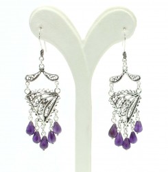 925 Sterling Silver Dangle Filigree Earrings, Triangle Design with Amethyst - Nusrettaki (1)