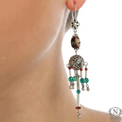 925 Silver Spongy Ball & Agate Stoned Filigree Dangle Earrings - Nusrettaki