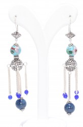 925 Silver Spongy Ball & Lapis Stoned Filigree Dangle Earrings - Nusrettaki