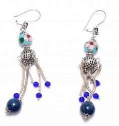 925 Silver Spongy Ball & Lapis Stoned Filigree Dangle Earrings - Nusrettaki (1)