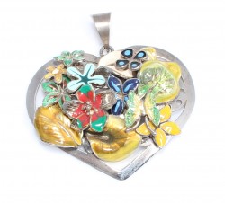 925 Sterling Silver Heart with Enameled Leaf and Flower Pendant - Nusrettaki