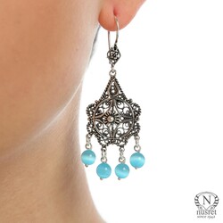 925 Silver Flower Boquet Filigree Chandelier Earrings with Blue Catseye - Nusrettaki