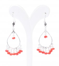 925 Silver Chandelier Hoop Filigree Earrings with Red Coral Stone - Nusrettaki (1)