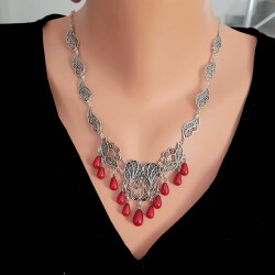 925 Sterling Silver Filigree Necklace with Coral - Nusrettaki