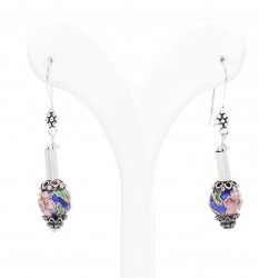 Sterling Silver 925 Stylish Dangle Filigree Earrings with Dangling Enameled Ball - Nusrettaki