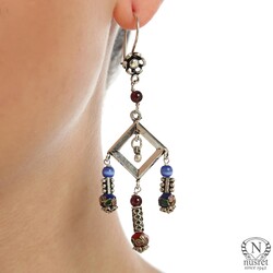 925 Silver Enameled Pieced Square Shaped Filigree Earrrings, Chandelier - Nusrettaki