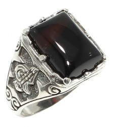 Silver Tugra Design Men Ring with Onyx - Nusrettaki (1)