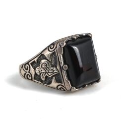 Silver Tugra Design Men Ring with Onyx - Nusrettaki (1)