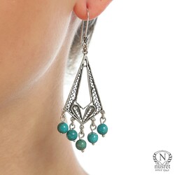 925 Sterling Silver Arrow Design Dangle Filigree Earrings with Turquoise - Nusrettaki