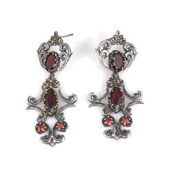 Silver & Bronze Ancient Byzantium Design Dangle Earrings with Red Garnet - Nusrettaki (1)