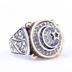 925 Sterling Silver and Bronze Star and Crescent Design Men Ring - Nusrettaki (1)