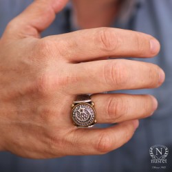 925 Sterling Silver and Bronze Star and Crescent Design Men Ring - Nusrettaki