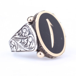 Silver Arabic Letter Men Ring with Black Enamel - Nusrettaki