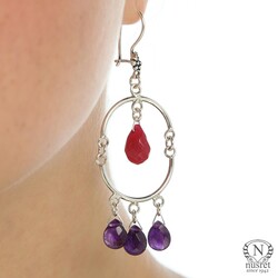 925 Sterling Silver Half Circle Drop Ruby and Amethyst Stoned Dangle Filigree Earrings - Nusrettaki