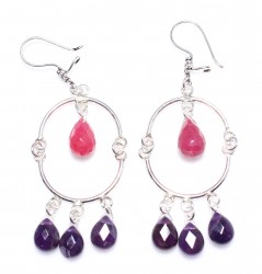 925 Sterling Silver Half Circle Drop Ruby and Amethyst Stoned Dangle Filigree Earrings - Nusrettaki (1)