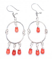 Sterling Silver Dangling Corals in a Hoop Filigree Earrings - Nusrettaki