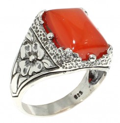 925 Sterling Silver Agate Stone Flower Pattern Men Ring - Nusrettaki (1)