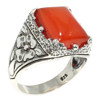 925 Sterling Silver Agate Stone Flower Pattern Men Ring - 6